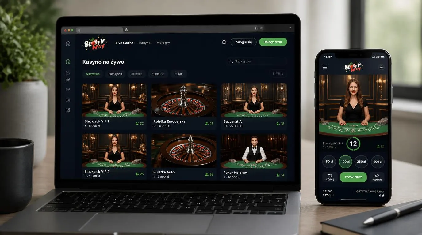 Lobby kasyna live na laptopie i telefonie z podglądem krupiera oraz widocznymi limitami zakładów