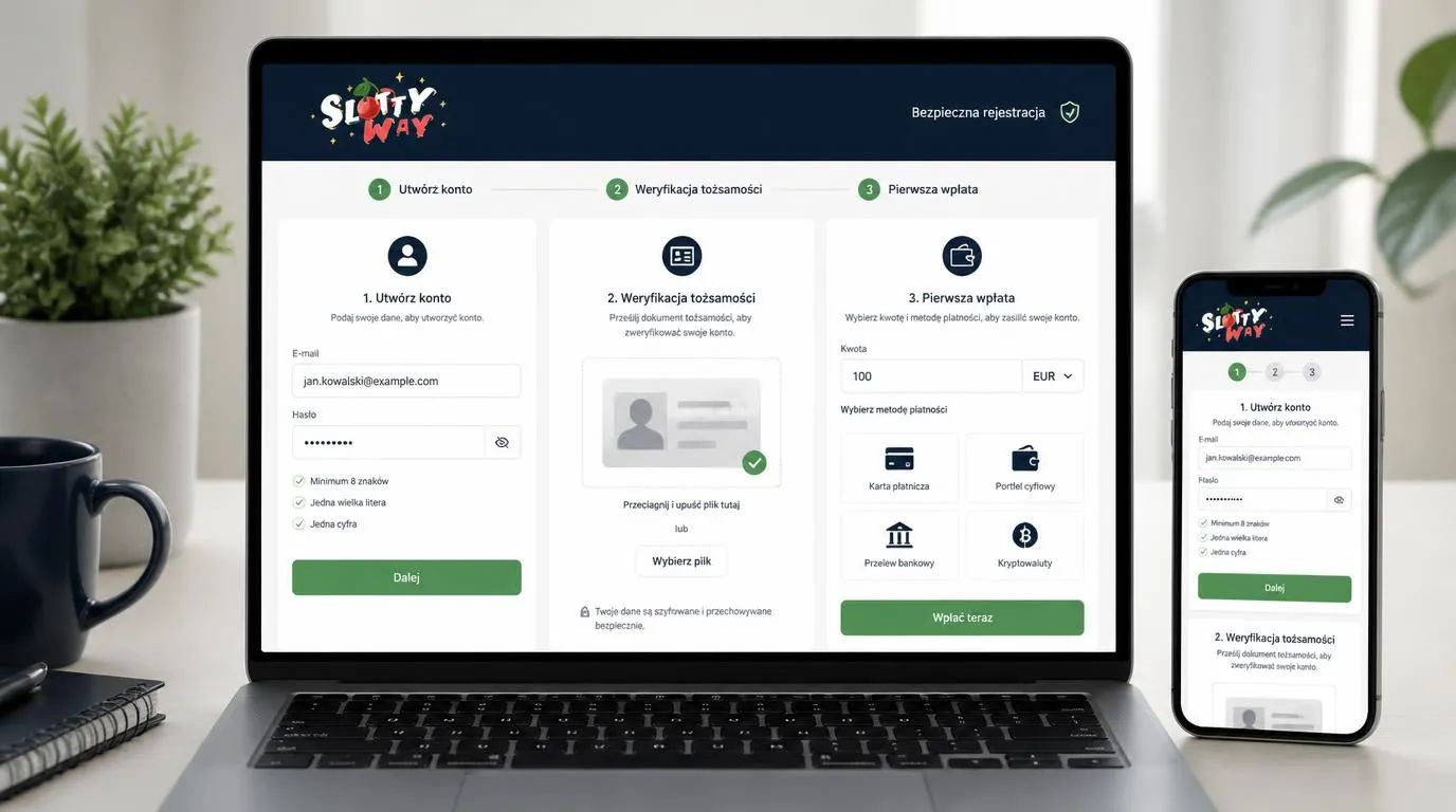 Panel rejestracji, przesyłania dokumentów KYC i pierwszej wpłaty na konto kasynowe
