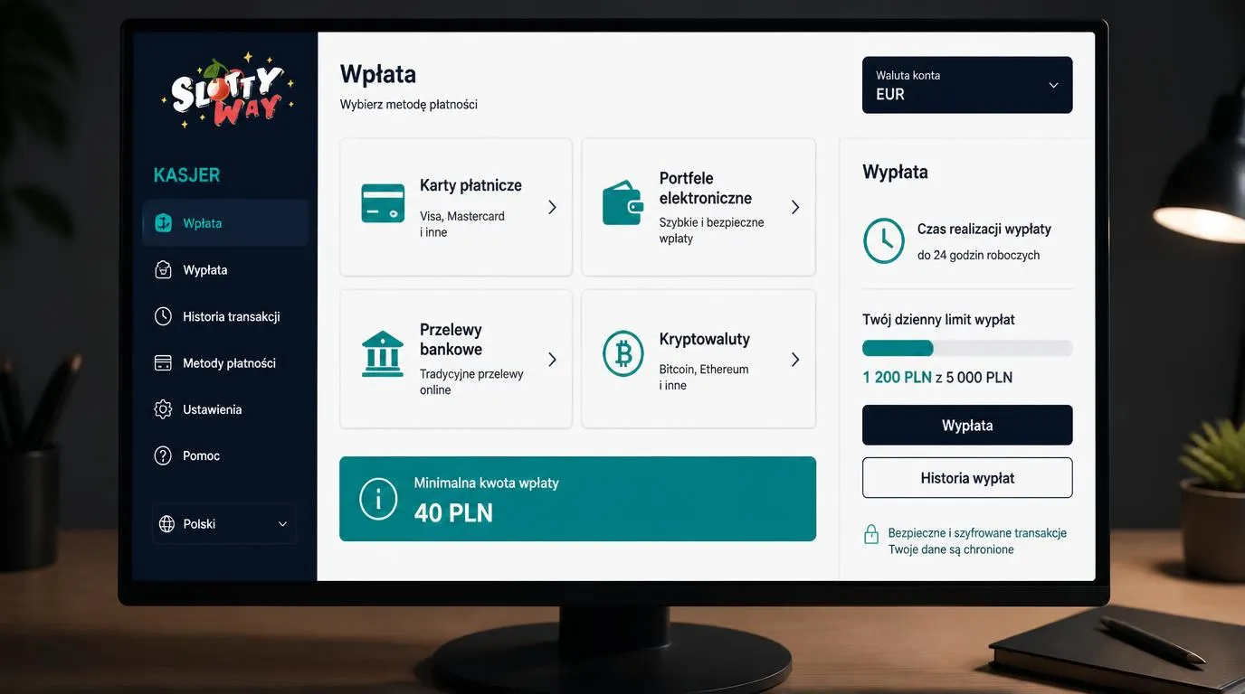 Panel kasowy z wyborem kart, portfeli i kryptowalut oraz informacją o minimalnej wpłacie 40 PLN