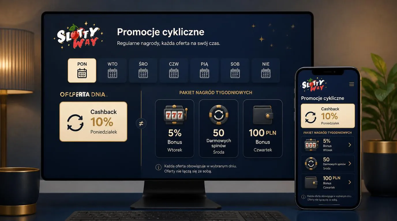 Panel promocji kasyna z kalendarzem poniedziałkowego cashbacku i kartami nagród tygodniowych