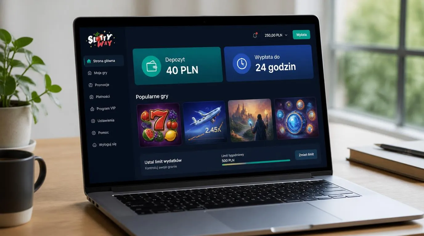 Panel kasyna z depozytem 40 PLN, terminem wypłaty do 24 godzin i kafelkami gier na ekranie laptopa